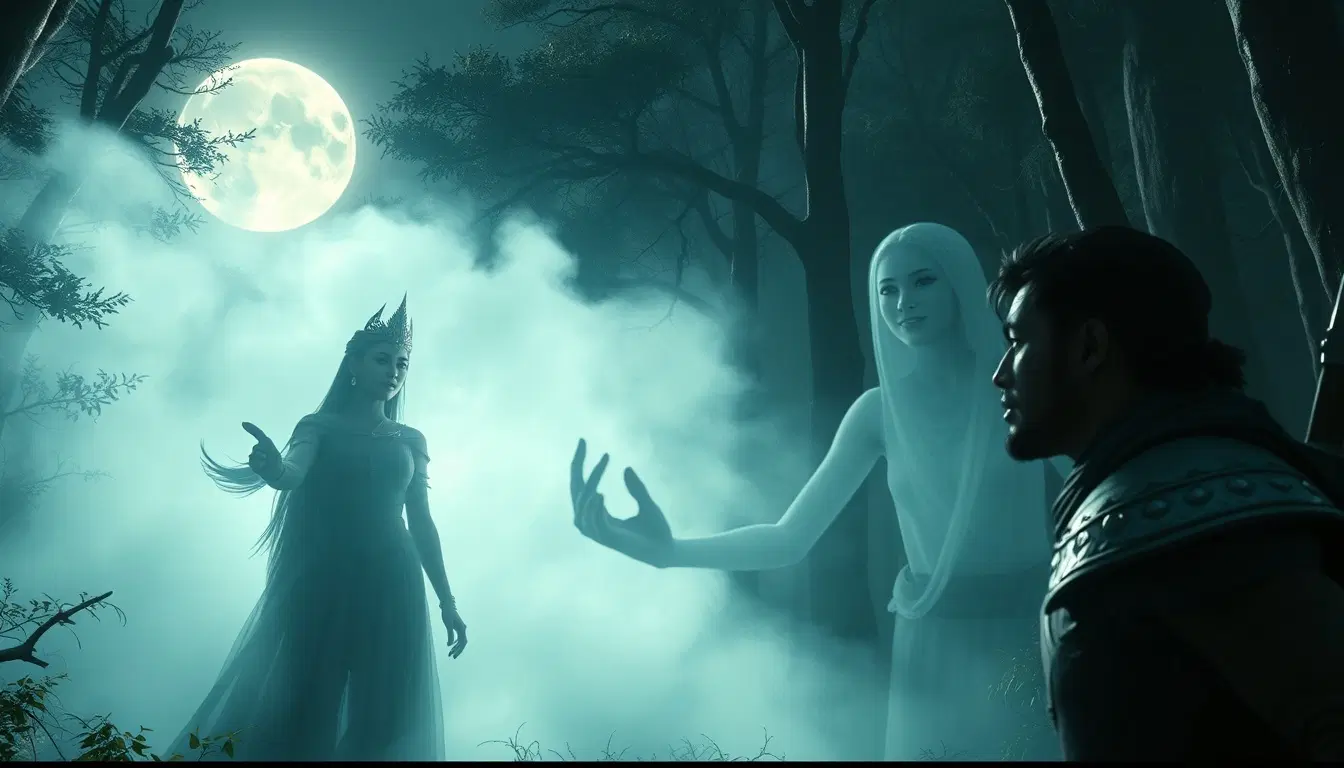 Cinematic post-credit fantasy scene: mystical glowing princess (Ayuna) emerges from white mist in enchanted forest under full moon, male warrior (Arif) emotional and shocked, ghostly spirit of female warrior (Cahaya) smiling in the background fading into light, epic fantasy atmosphere, ultra-detailed CGI, 8k, dramatic lighting, magical haze